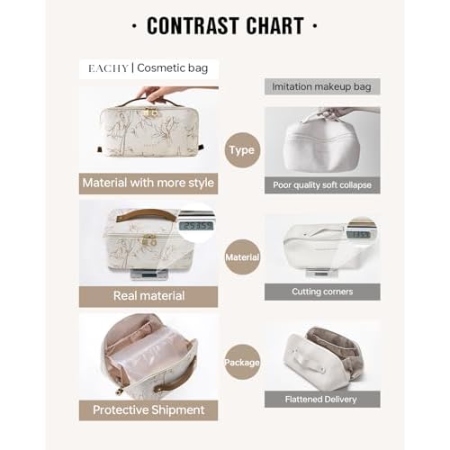 EACHY Travel Makeup Bag, Large Capacity Cosmetic Bags for Women, Waterproof Portable Pouch Open Flat Toiletry Bag Pattern Make up Bag (F-Beige)