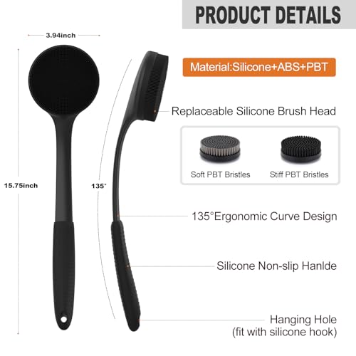 Long Handle Shower Back Scrubber,15.75 Inch Ergonomic Curved Brush with 3 Replaceable Heads with Soft and Firm Bristles,Silicone Handle for Easy Back Cleaning and Exfoliation,Bath Body Brush,Black