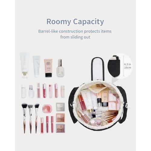 Narwey Christmas Gifts Barrel Drawstring Makeup Bag, Large Quilted Puffer Cosmetic Bag, Puffy Make Up Bags, Travel Toiletry Bags for Women Toiletries Organizer, Teen Girl Gifts (Black) (Patent)