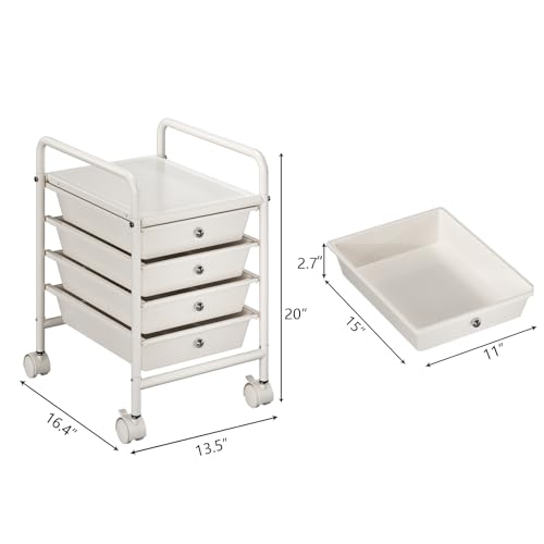 Shrivee White 4-Tier Utility Cart with 4 Drawers, Lockable Casters, Multipurpose Mobile Storage