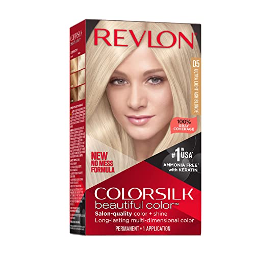 Revlon Colorsilk Beautiful Color Permanent Hair Color, Long-Lasting High-Definition Color, Shine & Silky Softness with 100% Gray Coverage, Ammonia Free, 005 Ultra Light Ash Blonde, 1 Pack