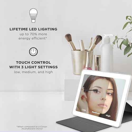 Conair Lighted Makeup Mirror, LED Vanity Mirror, 1X/5X Magnifying Mirror, Foldable with Case, Battery Operated and Rechargeable in White