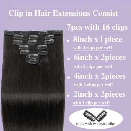 Clip in Hair Extensions Real Human Hair,7Pcs 120g 10A Brazilian Virgin Human Hair Clip in Extensions for Women Natural Black Straight Invisible Seamless Human Hair Extensions 16 Inch Double Weft