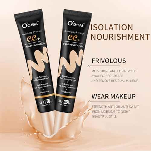 O'CHEAL CC Cream with SPF 50+, Hydrating Color Correcting Cream Full Coverage Lightweight Powder Foundation, Waterproof Long Lasting Pre-makeup Primer Facial Concealer Refine Skin Texture (Natural)
