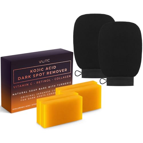 Valitic 4 Pack Kojic Acid Dark Spot Corrector Soap Bars with Vitamin C, Retinol, Collagen, Turmeric - Original Japanese Complex with Hyaluronic Acid & A Pair of Black Exfoliating Gloves for Body Scrub