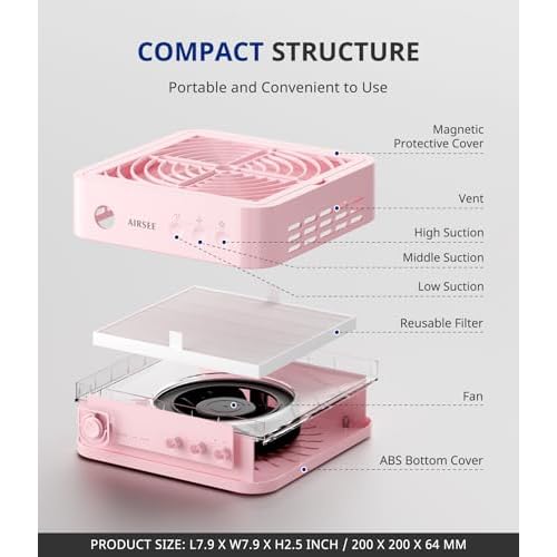 AIRSEE Powerful Nail Dust Collector Nail Tech, Upgraded 4200RPM Vacuum Fan Dust Extractor for Acrylic Nail Polishing and Manicure in Salon & Home, ND503