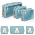 Birthday Gifts | Initial Clear Make Up Bag Travel Toiletry Bag Clear Makeup Bag Cosmetic Travel Beach Bag Car Organizer Essentials for Women Men | Gifts for Girlfriend Teacher | 3 Pcs Blue A