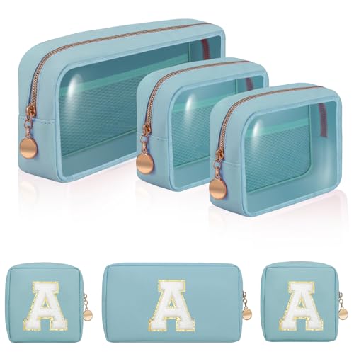 Birthday Gifts | Initial Clear Make Up Bag Travel Toiletry Bag Clear Makeup Bag Cosmetic Travel Beach Bag Car Organizer Essentials for Women Men | Gifts for Girlfriend Teacher | 3 Pcs Blue A