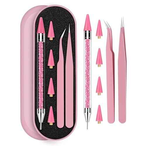 Rhinestone Picker Tool Set,Rhinestone Applicator Tool,Rhinestone Picker Dotting With 4 Extra Pink Replaceable Wax Head and 2 Tweezer (Pink A)