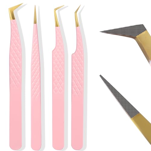 Fiber Tip Lash Tweezers For Eyelash Extension 4 Pcs Tweezers Professional Artist Tech Work Kit Tools,Best Volume Eyelash Lashes Extensions Precision Supplies Volume Boot 90 45 Degree(Pink)