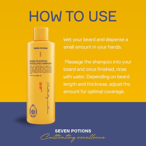 SEVEN POTIONS Beard Shampoo for Men, Woodland Harmony, 8.45 Fl Oz - Natural, Vegan, Cruelty Free - Gentle, Cleansing Wash for a Clean Beard with No Itch