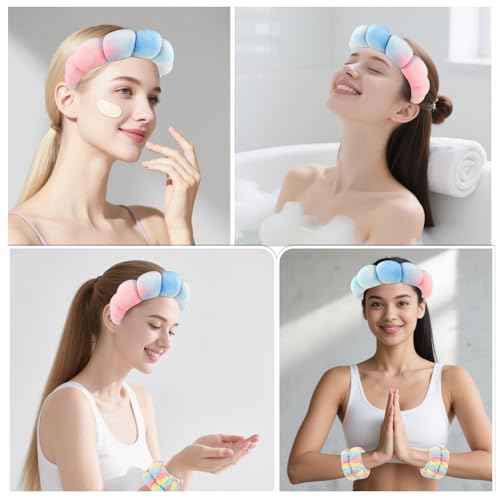 Zkptops Spa Headband for Washing Face Wristband Set Sponge Makeup Skincare Velvet Fabric Bubble Soft Get Ready Hairbands for Women Puffy Headwear Non Slip Thick Thin Hair Accessory (Pink Tie Dye)
