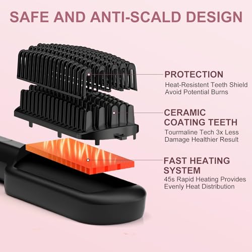 SIQUER Ionic Hair Straightener Brush – 13 Temps LCD, 45s Fast Heating