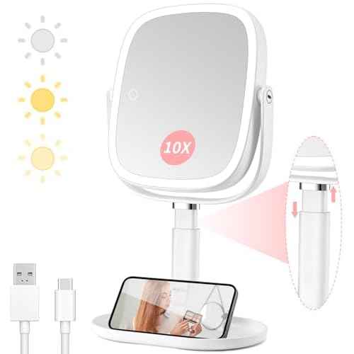Lighted Makeup Mirror, 2600mAh Rechargeable 1x/10x Magnifying Vanity Mirror, 8.5" Height Adjustable Makeup Mirror with Lights 3 Color, 360¡Æ Rotation 2-Sided Light up Large Desk Mirror, Gifts for Women