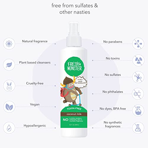 Fresh Monster Kids Detangler Spray, Toxin-Free, Hypoallergenic & Natural, Hair Conditioning Spray for Kids, Coconut (2 Pack, 8.5oz/each)