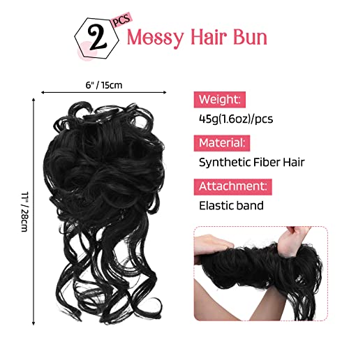 HOOJIH 2PCS Messy Bun Hair Piece, Tousled Updo with Tendrils Hair Bun Extensions Wavy Curly Hair Wrap Ponytail Hairpieces Hair Scrunchies for Women HB010 Dasiy - Black