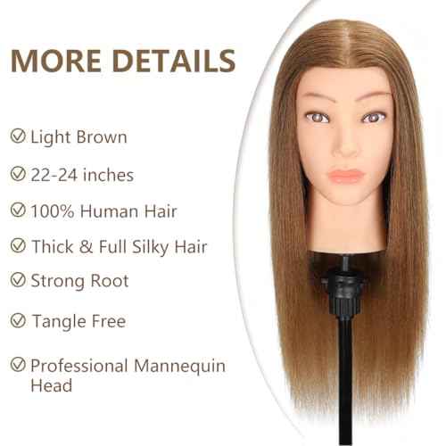Mannequin Head Human Hair, 100% Real Hair Cosmetology Manikin Head for Practice Braiding Hairstyling Cutting with Free Clamp Holder and Tools (100% Light Brown)