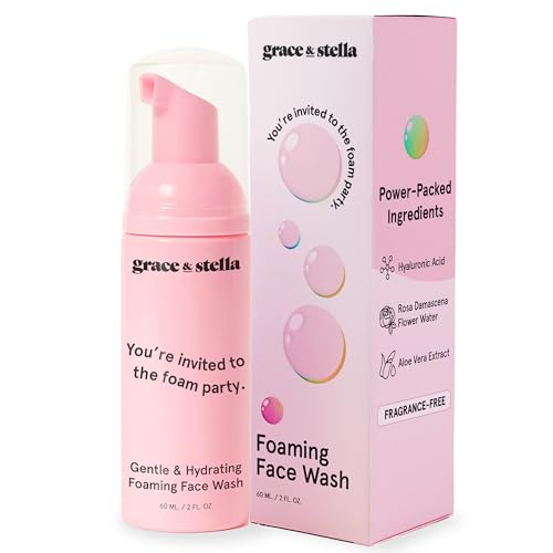 grace & stella Award Winning Travel Face Wash (60ml) Hydrating & Gentle Foaming Facial Cleanser with Hyaluronic Acid, Rose Water, Aloe Vera - Moisturizing Cleansing Foam for Normal to Very Dry Skin