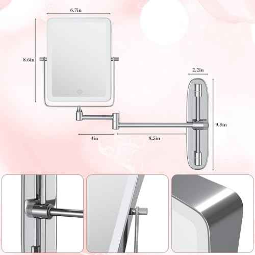 Wall Mounted Lighted Makeup Mirror, Rectangle Double Sided 1X/7X Magnifying Bathroom Height Adjustable Mirror, Rechargeable 3 Color and Dimmable Lights, Extended Arm 360 Rotation Shaving Vanity Mirror