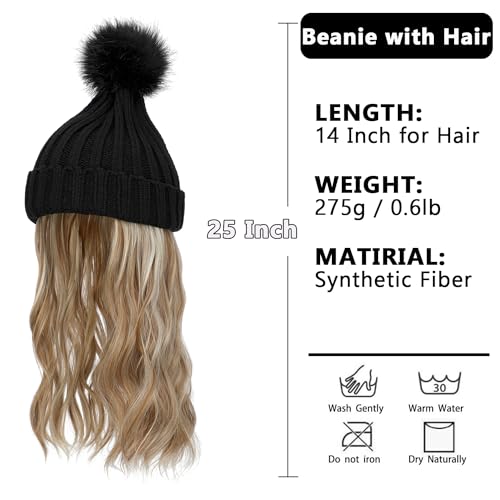 Women's Beanie Hat with 20" Wavy Hair Extensions - Knit Pom Cap