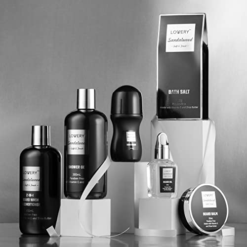 Gifts for Men, Valentines Day Gifts for Him Body And Wash Gift Set Beard Kit and Body Care, Sandalwood Spa Baskets, Bath and Beard Grooming Kit, for Husband, Dad, Beard Balm Growth Oil