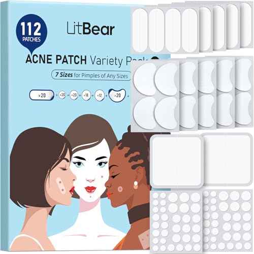 LitBear Large Pimple Patches (7 Sizes 112 Counts), Big Acne Patches, XL Hydrocolloid Bandages for Full Face, Forehead, Chin, Nose, Body, Back, Neck & Chest, Oval, Moon, Square hydrocolloid Patch