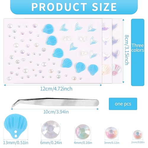 Glitter Rhinestone Tattoo Stickers for Makeup, Shell Fish Tail Flowers Face Eye Gems, Self Adhesive Face Jewelry with Ocean Color, Cute Mermaid Face Stickers, Birthday Rave Concert Party Supplies