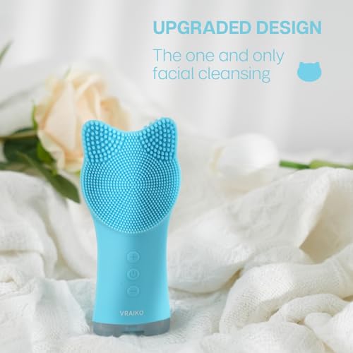 VRAIKO MIA Facial Cleansing Brush, Waterproof Rechargeable Face Cleansing Brush, with Soft Silicone and Adjustable Sonic Vibration, for Deep Cleansing Gentle Exfoliating and Massaging (Blue)