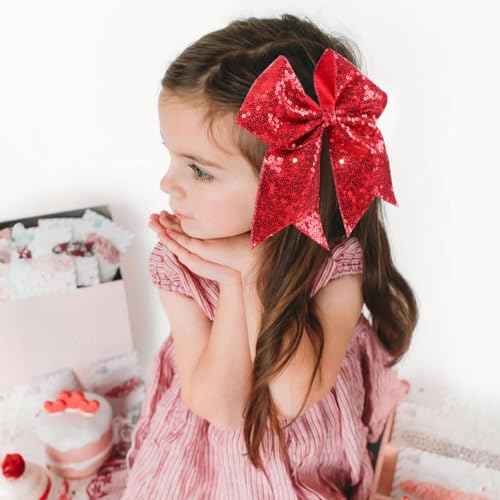 OAOLEER 2PCS Glitter Cheer Hair Bow Clips for Girls, 7 inch Red Sequin Large Hair Bows Hair Accessories for Girls Teen Softball Cheerleader (Red)
