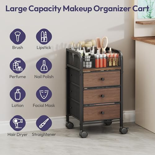 Rolling Makeup Organizer Cart with 3 Drawers & 9 Compartments