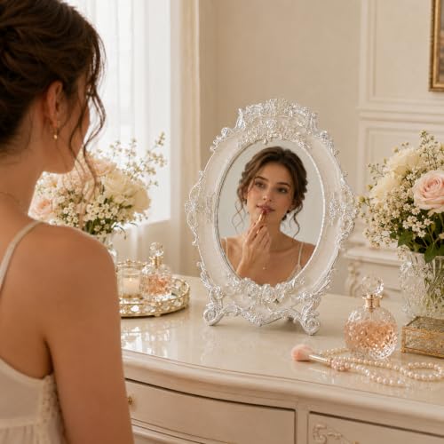 Nerien Vintage Tabletop Makeup Mirror with Stand - Oval Rose Embossed 5x7"