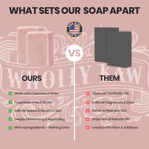 Wholly Kaw Organic Ghee, Tallow and Calamine Soap Bar with Natural Ingredients. Clean Label. Unscented. Fragrance free Face & Body - for Men, Women & Teens. Gentle Body Soap for sensitive skin 4.0 oz