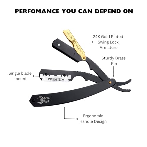 Black Widow Professional Straight Razor ? Matte Black & 24K Gold plated finish Barber Razor for Men ? Swing Lock Grip, Stainless Steel Shavette for Barbers & Beginners pack of 10 blades