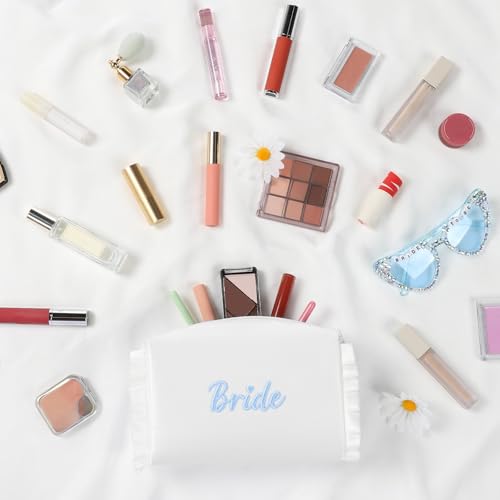 Etercycle Bride White Satin Cosmetic Bag with Blue Embroidery