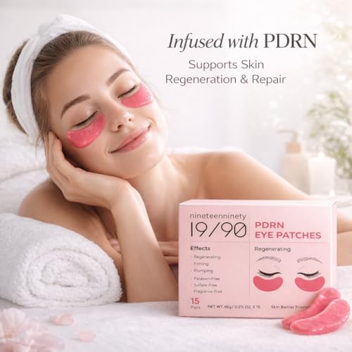 19/90 Revitalizing Hydrogel Under Eye Patches for Dark Circles & Puffiness - Salmon PDRN, Peptides & Hyaluronic Acid - Pink (15 Pair)