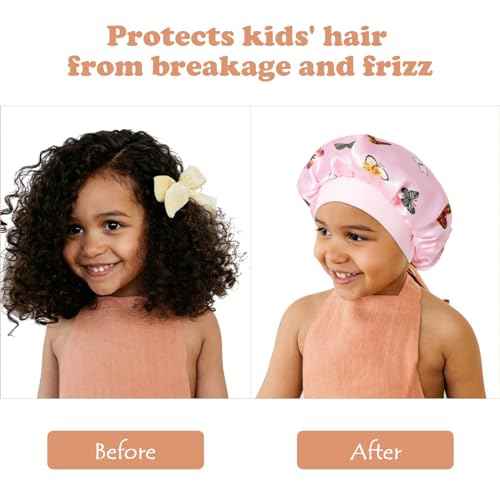 4 Pcs Silk Bonnet for Sleeping Kids Bonnets for Girls Baby Satin Sleep Cap Hair Wraps for Curly Natural Hair Elastic Wide Band,Butterfly
