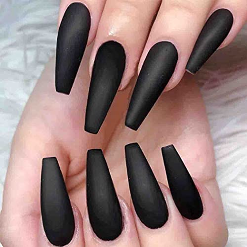 Outyua Black Super Long Matte Press on Nails Coffin Ballerina Fake Nails Designer Acrylic Extra Long False Nails Artificial Full Cover Nails Tips for Women and Girls 24Pcs (Black)