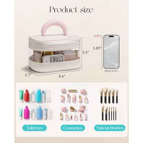 Vlando Travel Makeup Bag, Large Travel Toiletry Bag for Women Girl, Waterproof Cute Cosmetic Bag with Handle, Clear Make up Bag for Cosmetic, Brushes, Skincare-Cream White