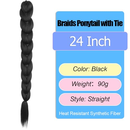 24 Inch Black Braided Ponytail Hair Extension with Tie