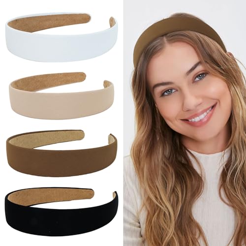 YISSION 4Pcs Wide Headbands for Women Girls Non Slip Head Band Plain Head Bands Fashion Hair Bands Solid Brown Black White Headband DIY Cosplay Hair Accessories for Women Girls