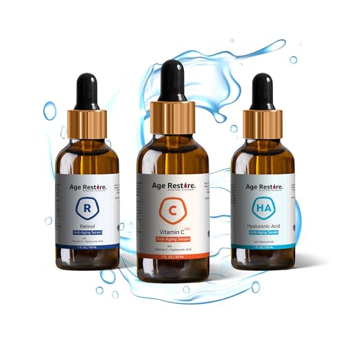 Anti Aging Power Trio Serum Pack - Vitamin C Serum, Retinol Serum and Hyaluronic Acid Serum for Brightening Skin, Reducing Wrinkles and Fine Lines - Hydrating, Diminishes Dark Spots - 3 ct x 1 FL OZ