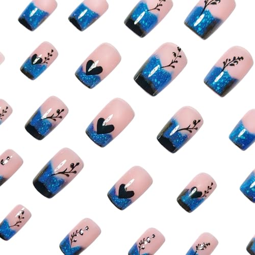 Short French Tip Press on Nails with Blue Glitter Hearts - 24PCS
