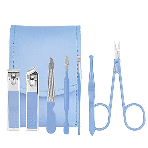 Nail Clipper Set, 7PCS Manicure Set Fingernail Clippers Kit Fashion Color Blue Stainless Steel Pedicure and Manicure Kit with Blue PU Leather Case