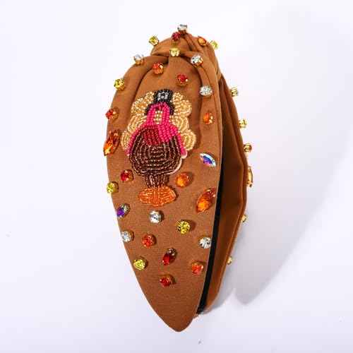 Thanksgiving Headband for Women Fall Accessories Beaded Pumpkin Headband Jeweled Rhinestone Crystal Knotted Hairband Thanksgiving Fall Hair Accessory Gifts (Turkey 4- Brown)