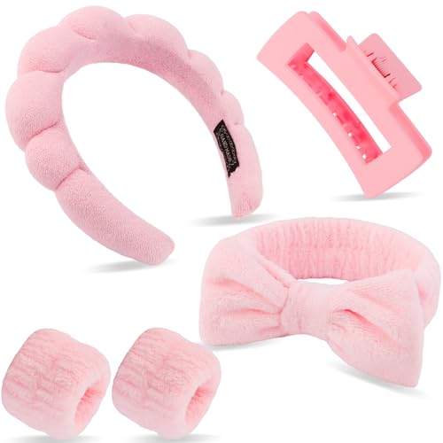 COCIDE 5-Piece Spa Headbands for Women with Large Hair Claw Clips and Bow Hair Band for Girls, Facial Makeup Head Band, Knot Turban for Girls, Wristband for Washing Face, Shower