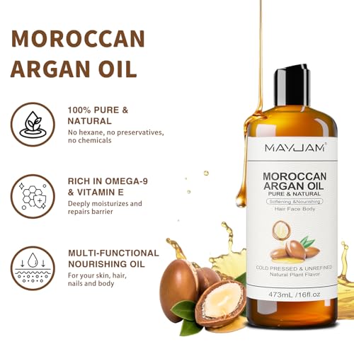 MAYJAM 16 Oz Organic Moroccan Argan Oil for Skin Hair Face & Body Moisturizer