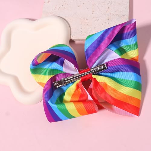 Pride Day Rainbow Hair Accessories: Large Grosgrain Ribbon Bows and Alligator Clips for Girls, Toddlers, and Women