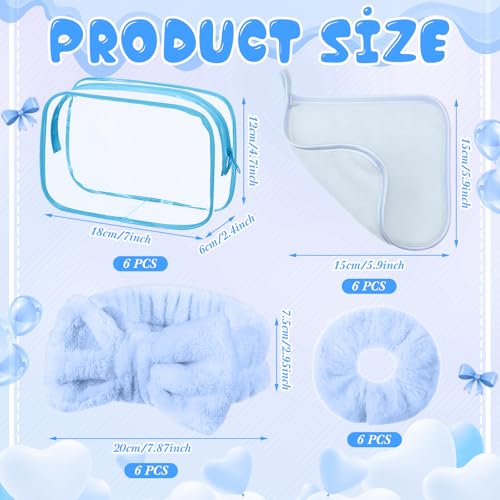 Mimorou 24 Pieces Sleepover Party Supplies Spa Party Favors 6 Spa Headband 6 Velvet Scrunchies 6 Makeup Remover Cloth 6 Clear Cosmetic Bags for Slumber Valentine Galentine Gift(Blue)