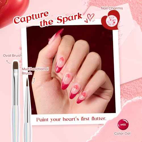 Beetles Red Gel Nail Polish & Nail Art Brushes Set-Heart Desire Multifunctional Nail Brushes Kit for Nail Art with Heart Nail Gems&Nail stickers Manicure Gift for Girls Women