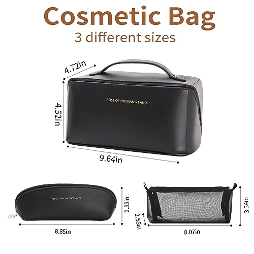 3 Pcs Travel Makeup Bag Portable Large Capacity Cosmetic Bags for Women Open Flat Makeup Case Organizer Bag Set of 3 Waterproof PU Leather Toiletry Bags with Divider and Handle (Black, Medium)